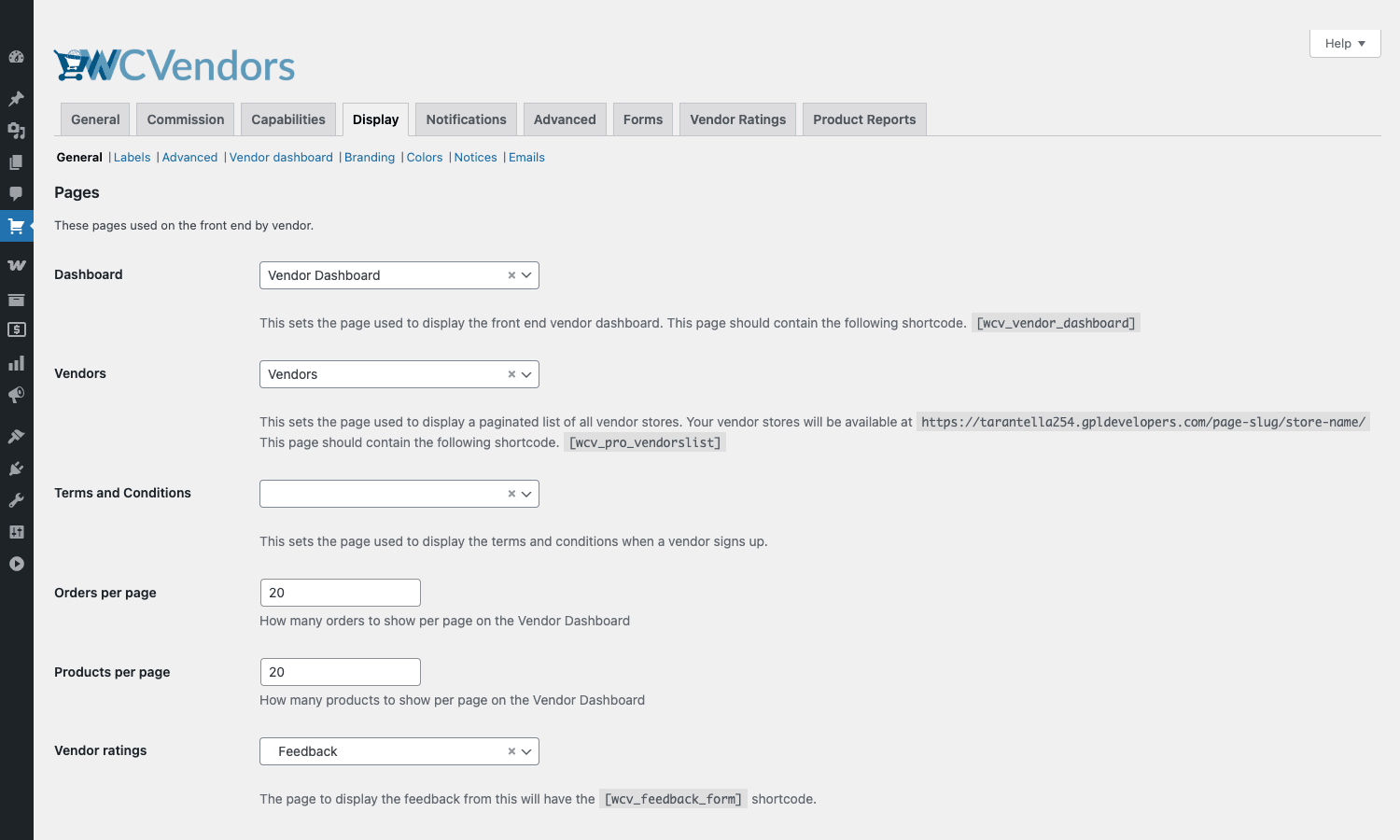 Page assignments and frontend display settings Display tab showing dashboard, vendors, and terms page assignments with their shortcodes