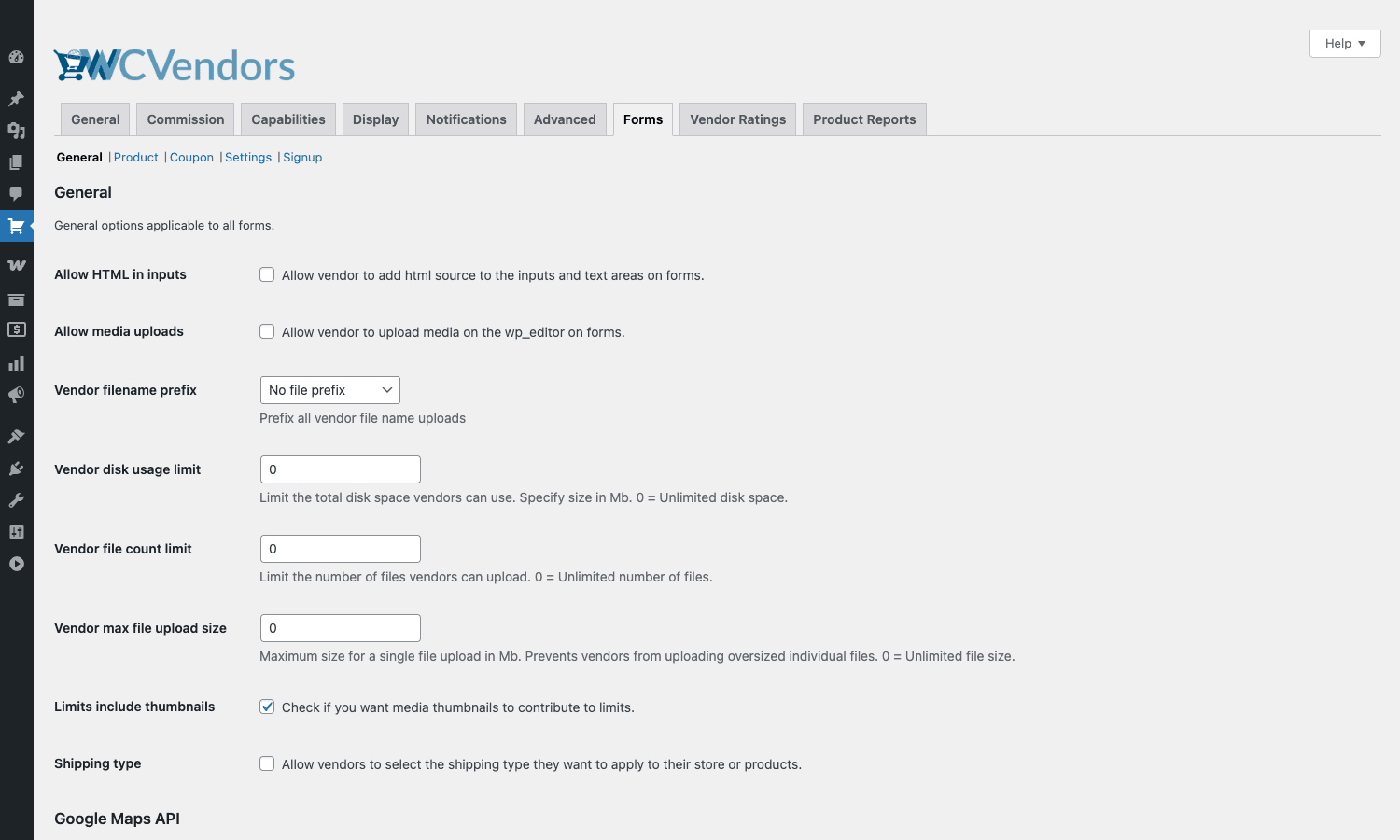 Vendor product form behaviour settings Forms tab with allow HTML, media uploads, file size limits, and disk usage settings