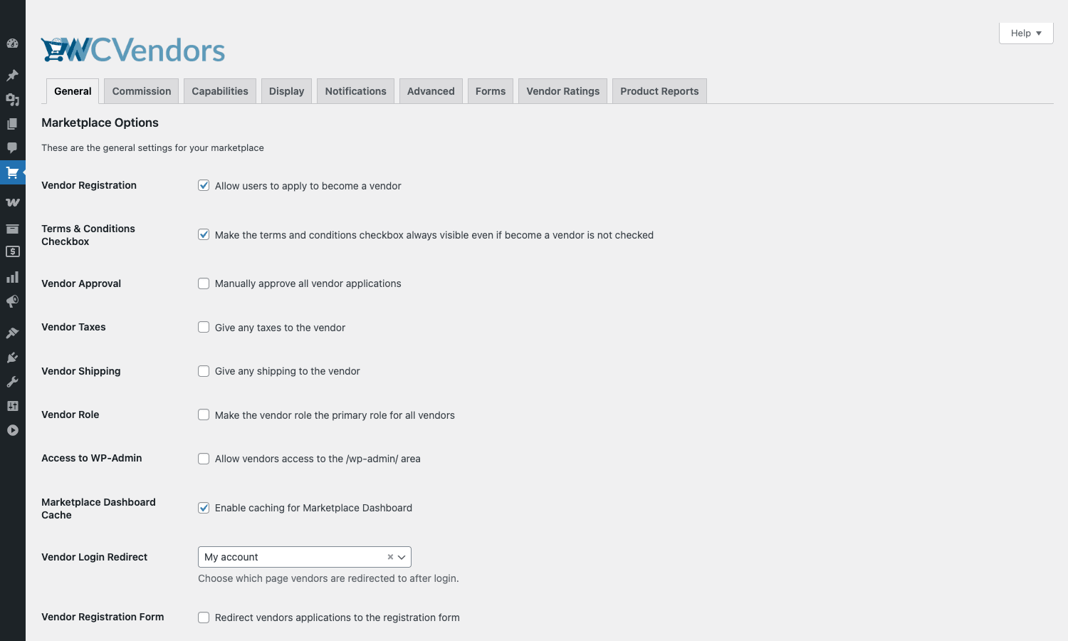 Marketplace general settings in wp-admin WC Vendors Pro General settings showing vendor registration, terms, and approval toggles