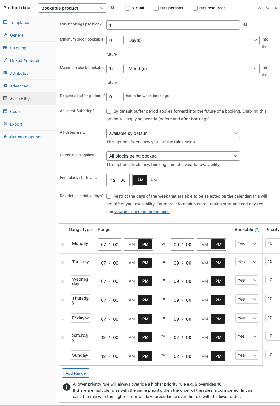 Per-product availability schedule Bookable product Availability tab showing min/max block, buffer period, weekday availability ranges Monday-Sunday with start and end times
