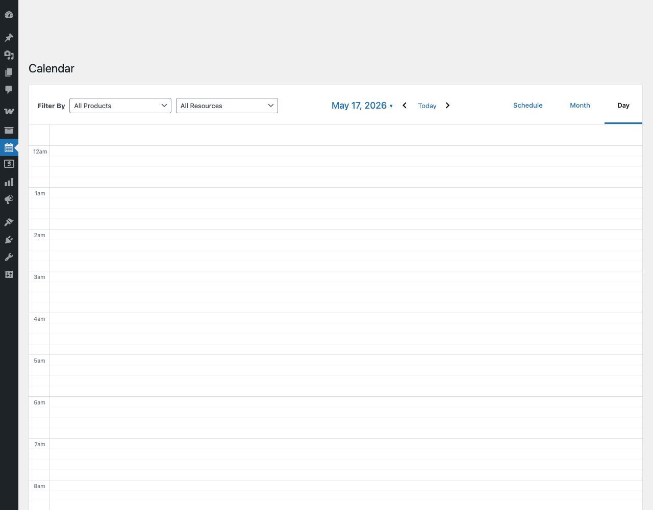 Bookings Calendar admin view Bookings Calendar Day view showing hourly time slots with Filter By Products and Resources dropdowns and Schedule/Month/Day tabs