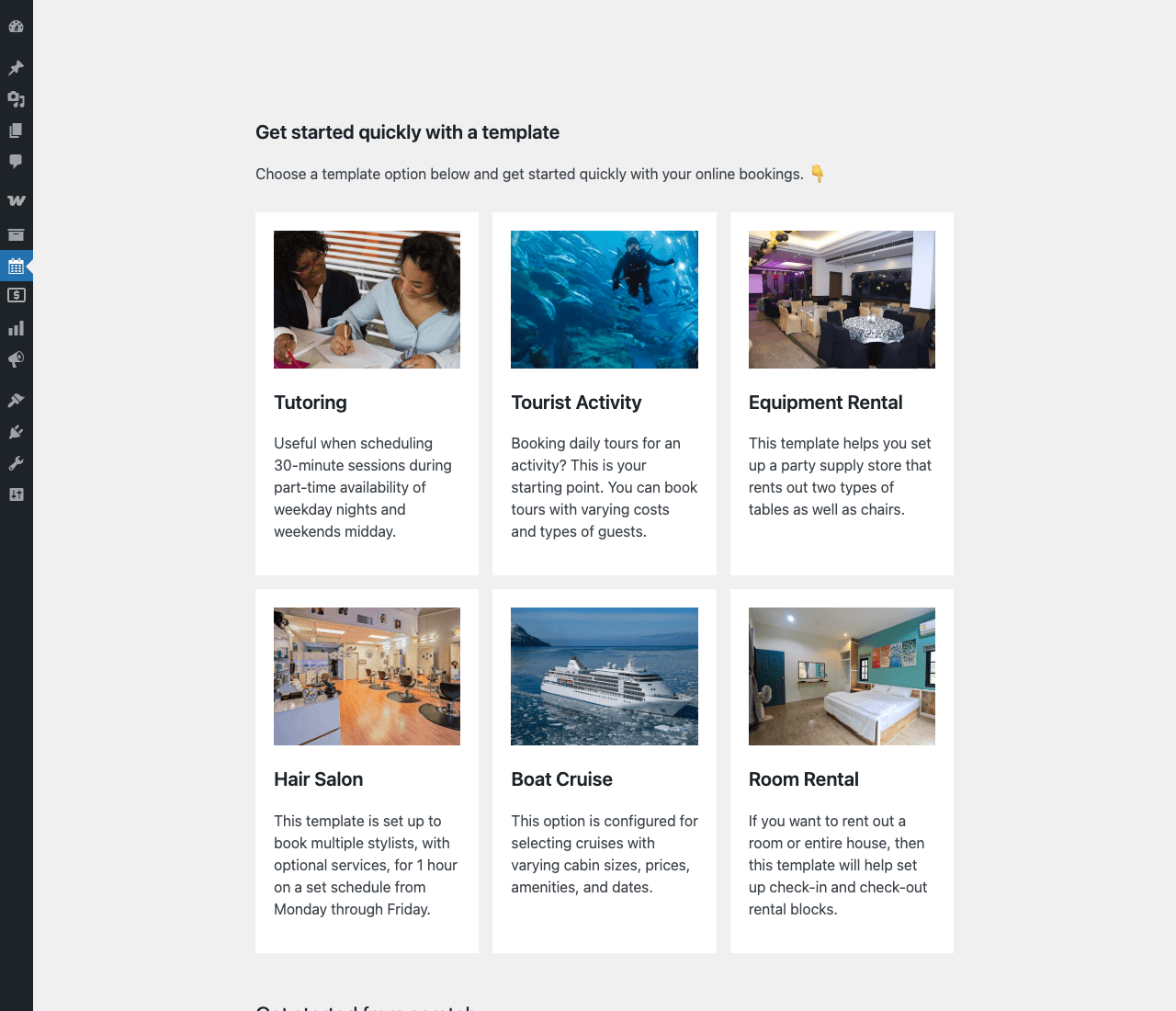 WooCommerce Bookings starter templates WooCommerce Bookings template picker showing six template cards: Tutoring, Tourist Activity, Equipment Rental, Hair Salon, Boat Cruise, Room Rental