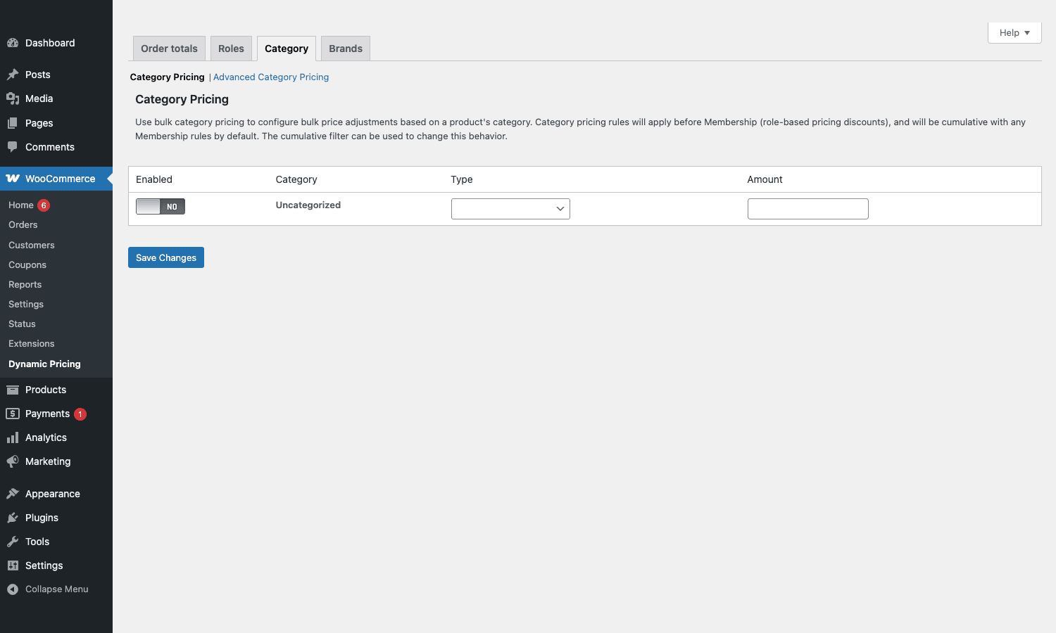 WooCommerce Dynamic Pricing category pricing Category Pricing tab with a single Uncategorized row and an Advanced Category Pricing link