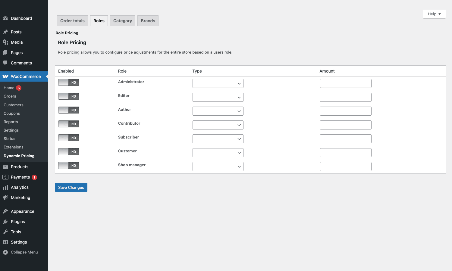 WooCommerce Dynamic Pricing role pricing Role Pricing tab listing Administrator, Editor, Author, Contributor, Subscriber, Customer, Shop manager with Enabled, Type, and Amount columns