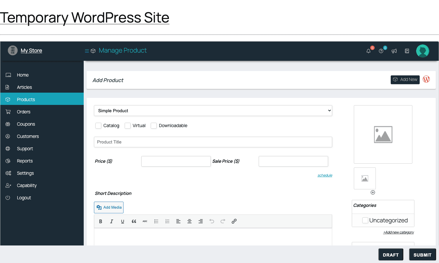 WCFM front-end Add Product page showing Simple Product type, Catalog/Virtual/Downloadable toggles, Product Title, Price and Sale Price fields, Short Description editor, and Categories sidebar.
