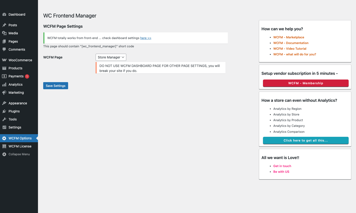 WCFM admin WC Frontend Manager Options page with WCFM Page Settings, Store Manager page selector, and the right-side help rail showing Marketplace, Documentation, Video Tutorial, Membership setup, and Analytics links.