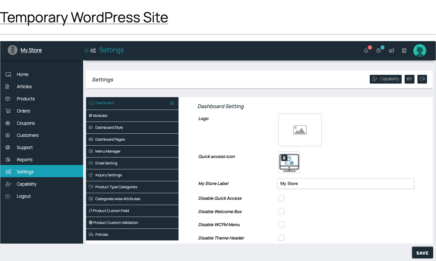 WCFM front-end Settings page with Dashboard, Modules, Dashboard Style, Dashboard Pages, Menu Manager, Email, Inquiry, Product Type Categories, Categories wise Attributes, Product Custom Field, Product Custom Validation, Policies tabs.