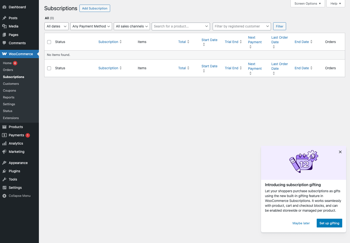 Subscriptions list view WooCommerce Subscriptions admin list view with filters for dates, payment method, and customer