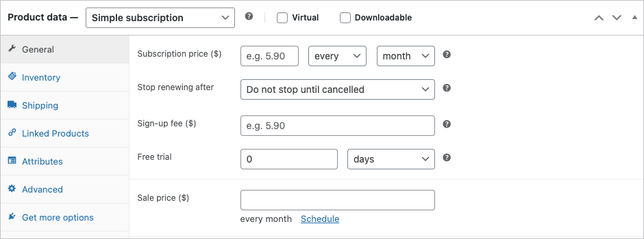 Subscription product data panel WooCommerce Subscriptions product data panel with Simple subscription type, billing period, sign-up fee, and free trial options