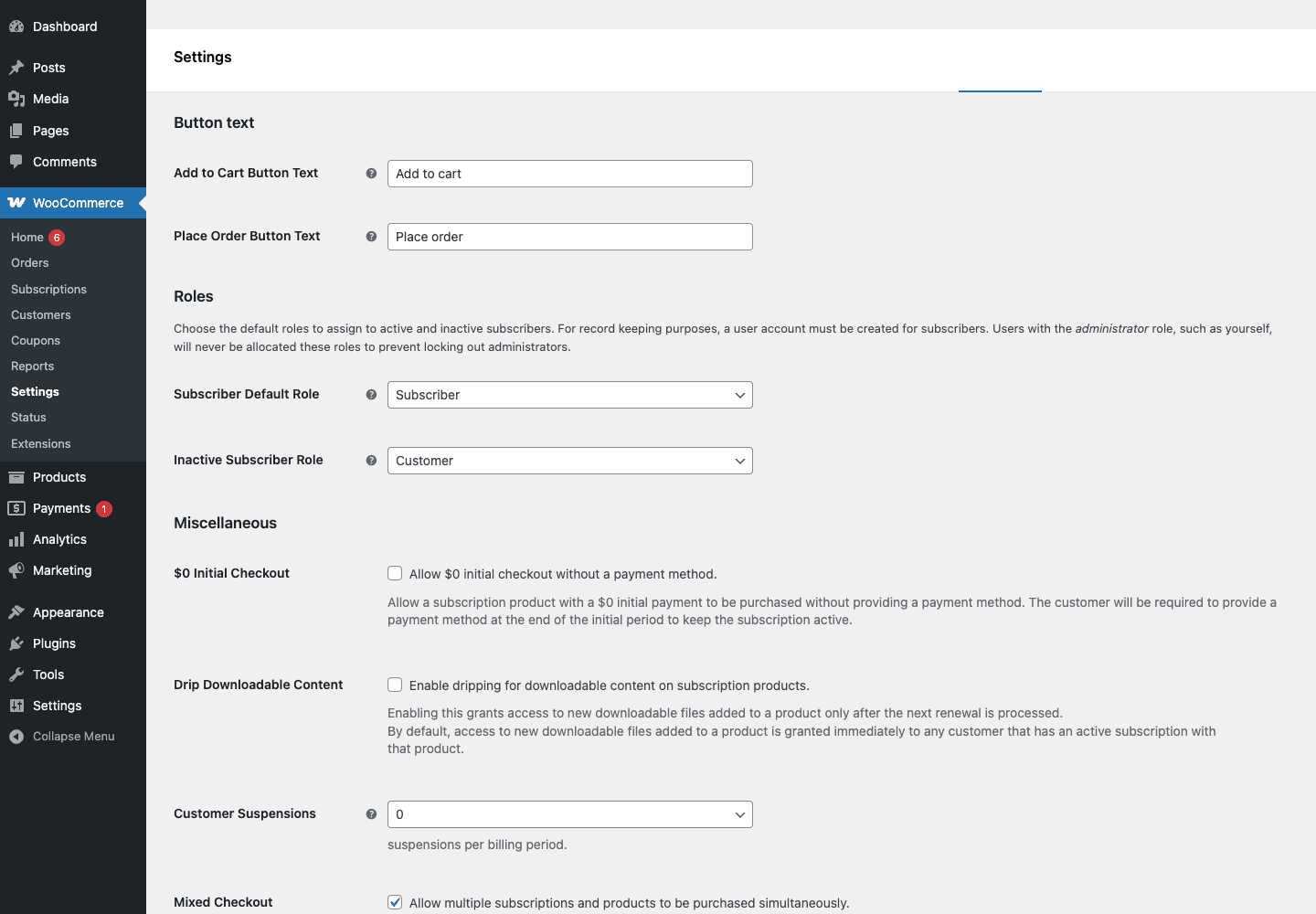 WooCommerce Subscriptions settings page with subscriber roles, button text, and miscellaneous options