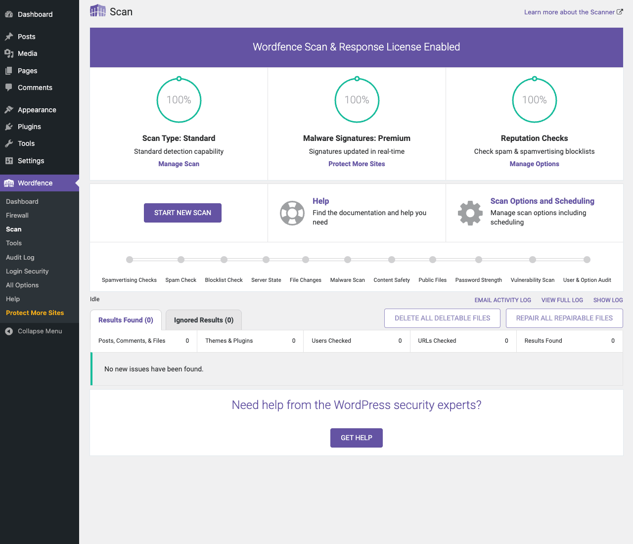 The Scan dashboard, click Start New Scan and Wordfence checks every file Wordfence Scan page showing Scan Type Standard (100%), Malware Signatures Premium (100%), Reputation Checks (100%) circle cards, Start New Scan button, scan progress dots (Spamvertising Checks, Spam Check, Password Strength, Vulnerability Scan, User & Option Audit), Results Found section with "No new issues have been found"
