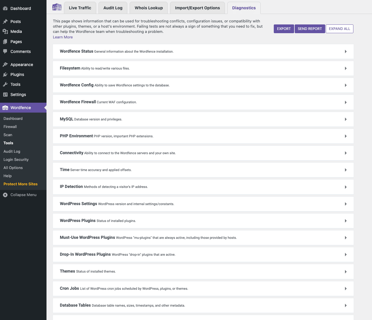 Tools, Live Traffic, Audit Log, Whois Lookup, Import/Export, Diagnostics for troubleshooting Wordfence Tools page showing tab navigation (Live Traffic, Audit Log, Whois Lookup, Import/Export Options, Diagnostics) and the Diagnostics section listing Wordfence Status, Filesystem, Wordfence Config, Wordfence Firewall, MySQL, PHP Environment, Connectivity, Time, IP Detection, WordPress Settings, WordPress Plugins panels