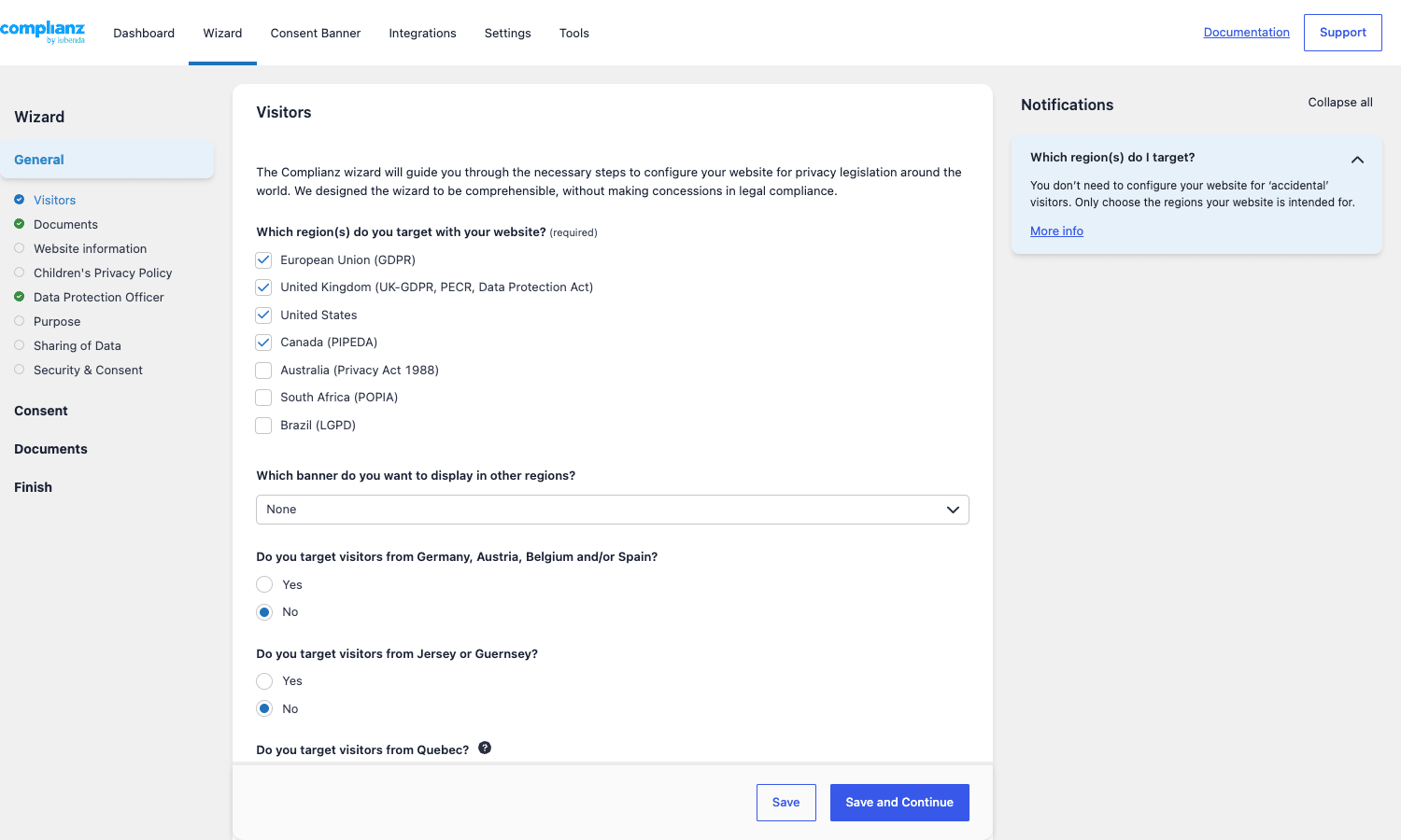 Complianz wizard - region selection Complianz wizard with European Union, United Kingdom, United States, and Canada (PIPEDA) regions selected