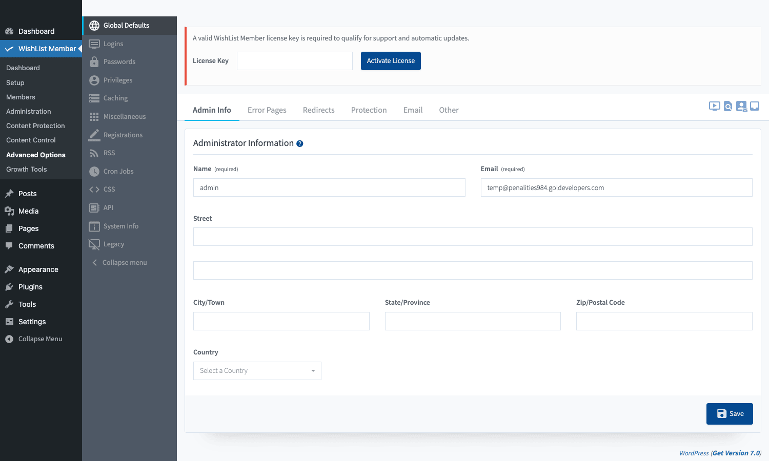 WishList Member Advanced Options WishList Member advanced options showing administrator information form