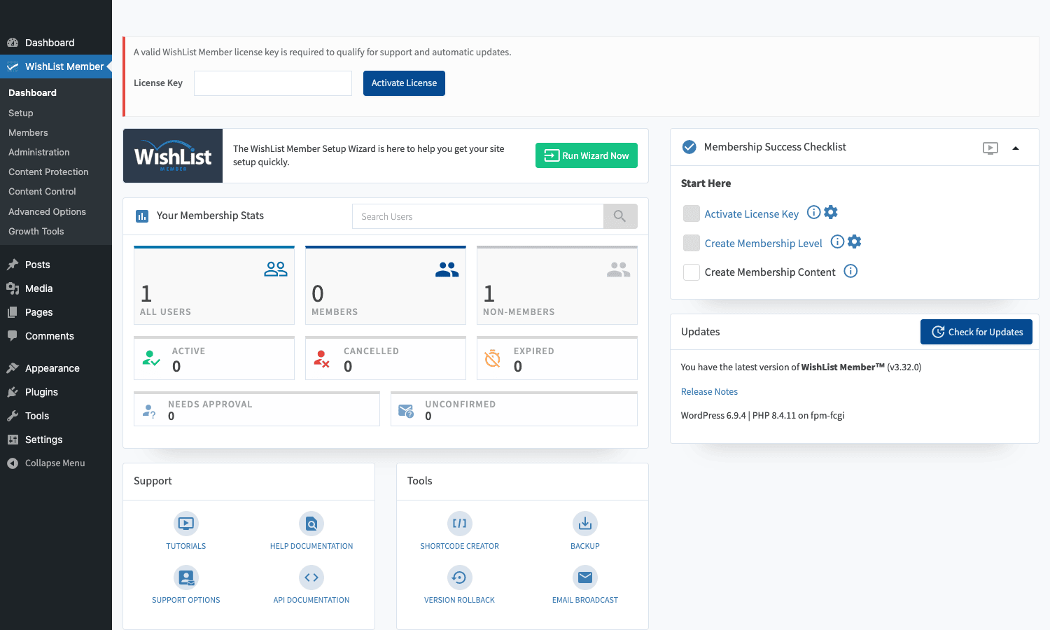 WishList Member dashboard WishList Member dashboard with membership stats and quick action tools