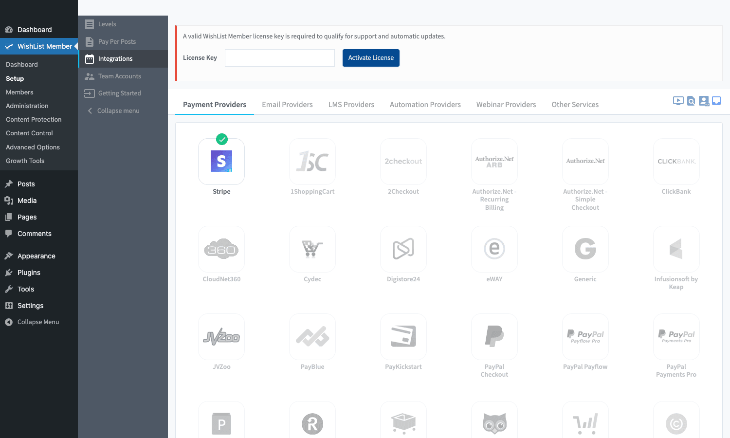 WishList Member built-in integrations WishList Member integrations grid showing payment providers