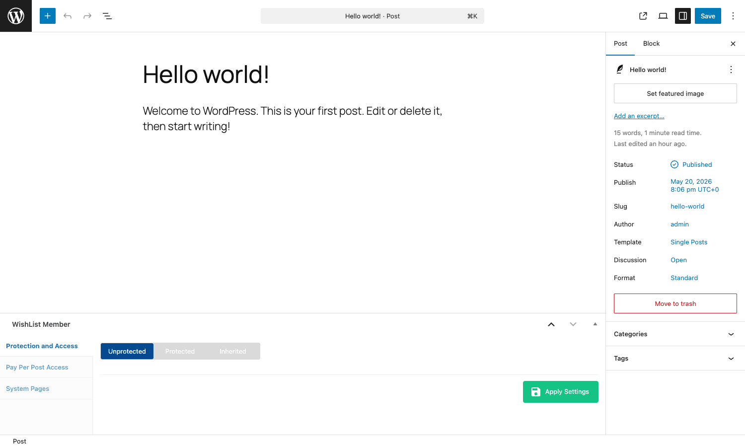 Per-post WishList Member meta box WishList Member per-post meta box showing Protection and Access toggle