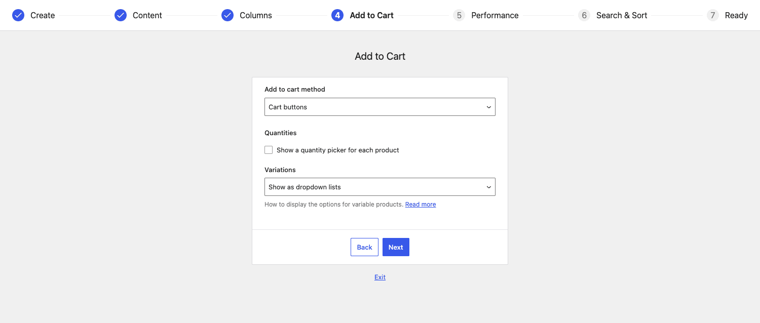 Table builder Add to Cart step Add to Cart step of the table builder with cart method, quantity picker toggle and variations display options