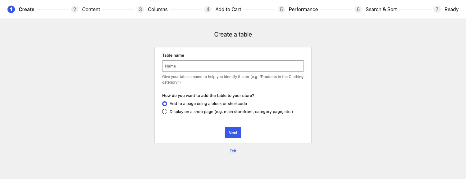 Table builder Create step Create step of the WooCommerce Product Table builder wizard asking for a table name and placement