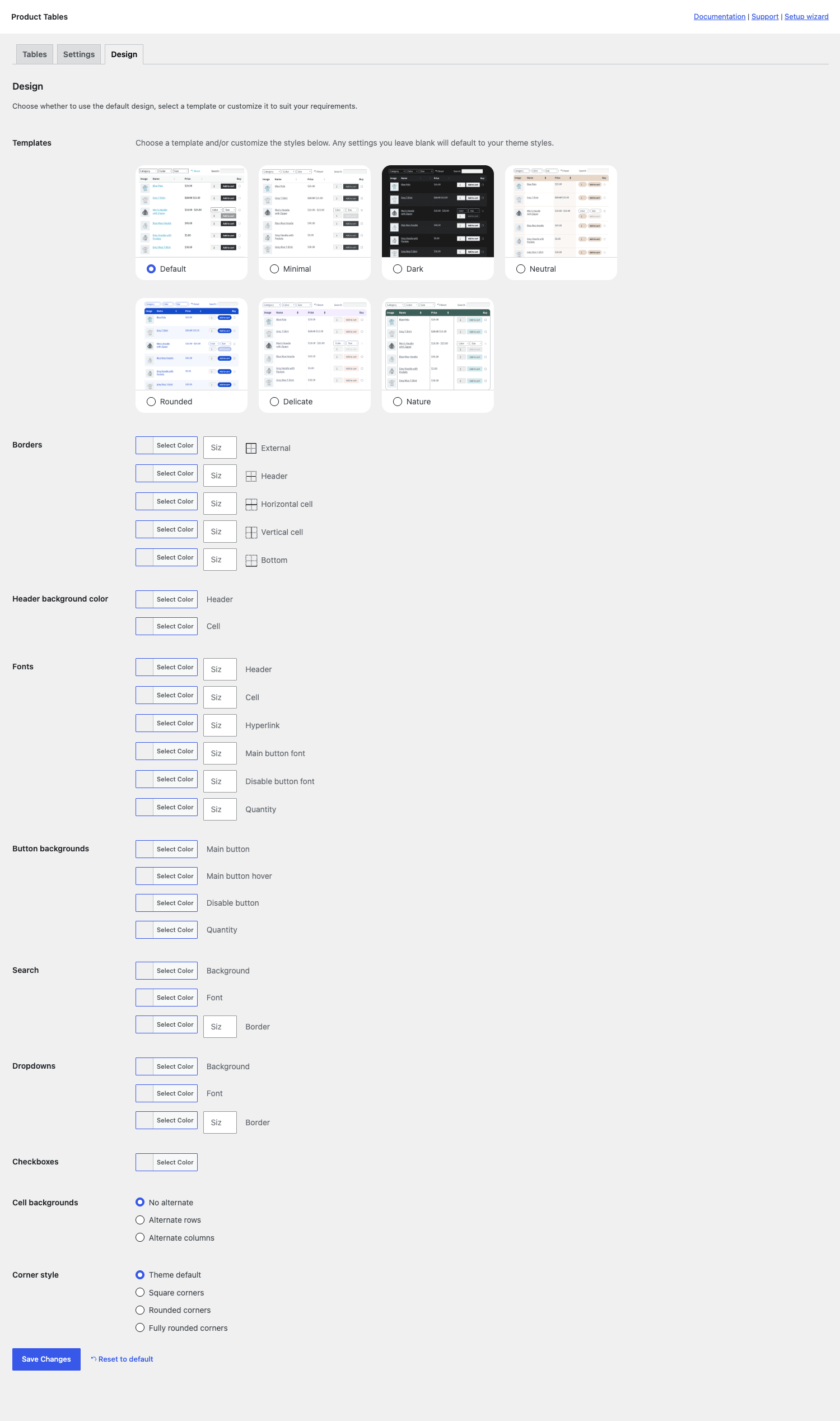 Table builder Design tab Design tab of the Product Tables admin with style templates and granular border, font and button controls