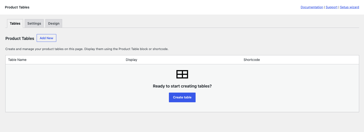 Product Tables admin list WooCommerce Product Table builder list page with Tables, Settings and Design tabs and an Add New button