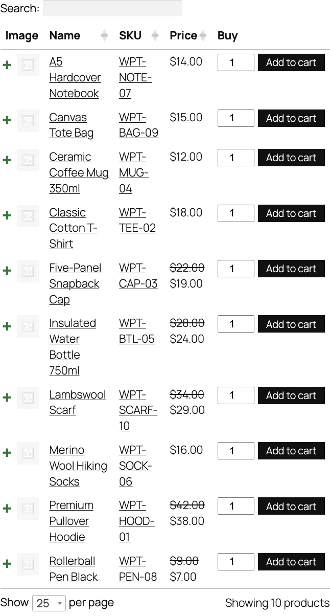 WooCommerce Product Table on the front end Front-end WooCommerce Product Table order form with search box, SKU and price columns, quantity boxes and add to cart buttons