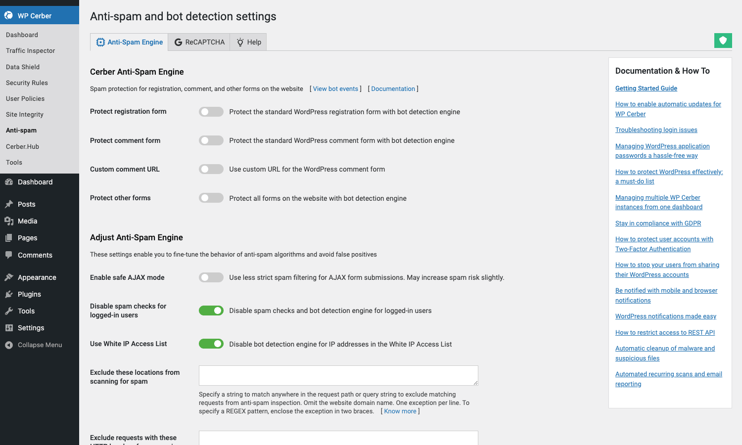 WP Cerber Anti-spam settings WP Cerber Anti-spam and bot detection settings with toggles for protecting registration, comment, and custom forms