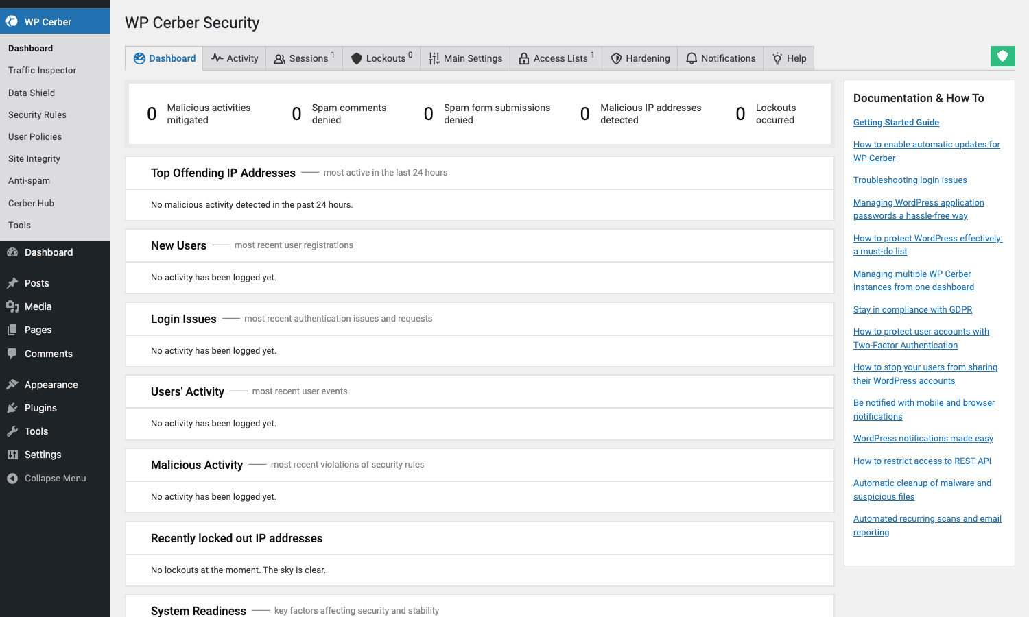 WP Cerber Dashboard WP Cerber Dashboard view in the WordPress admin showing widgets for top offending IPs, new users, login issues, malicious activity, and lockouts
