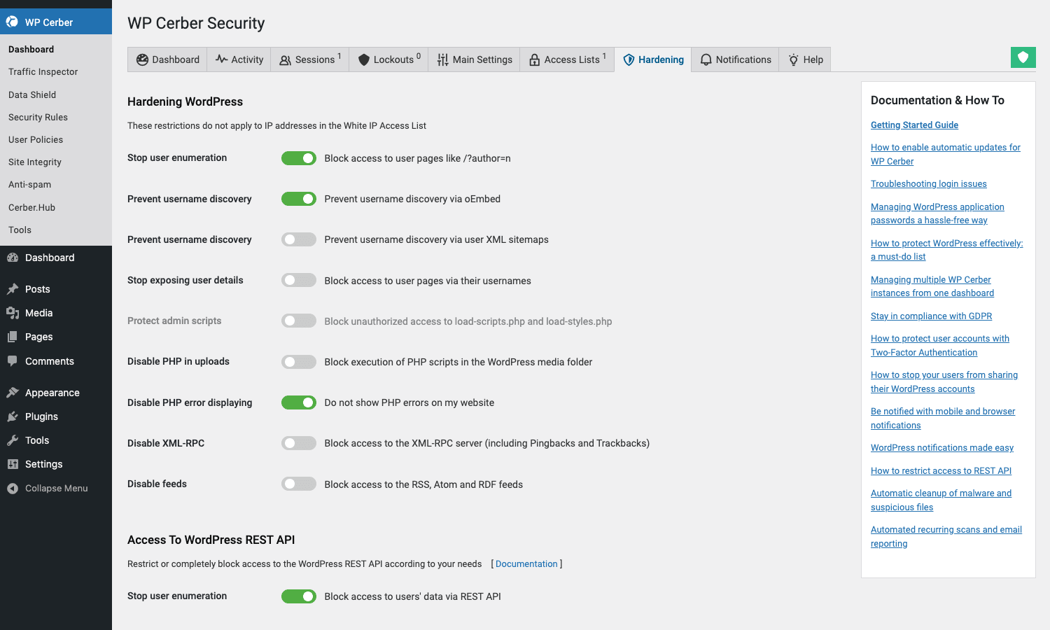 WP Cerber Hardening options WP Cerber Hardening tab listing toggles for stopping user enumeration, disabling PHP in uploads, disabling XML-RPC, and REST API access controls