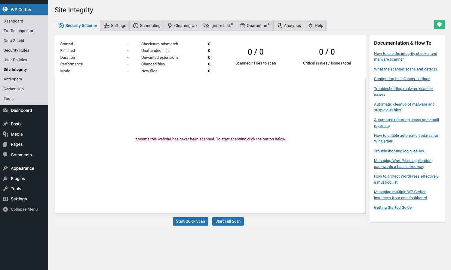 WP Cerber Site Integrity scanner WP Cerber Site Integrity scanner with Security Scanner, Settings, Scheduling, Cleaning Up, Ignore List, Quarantine, and Analytics tabs