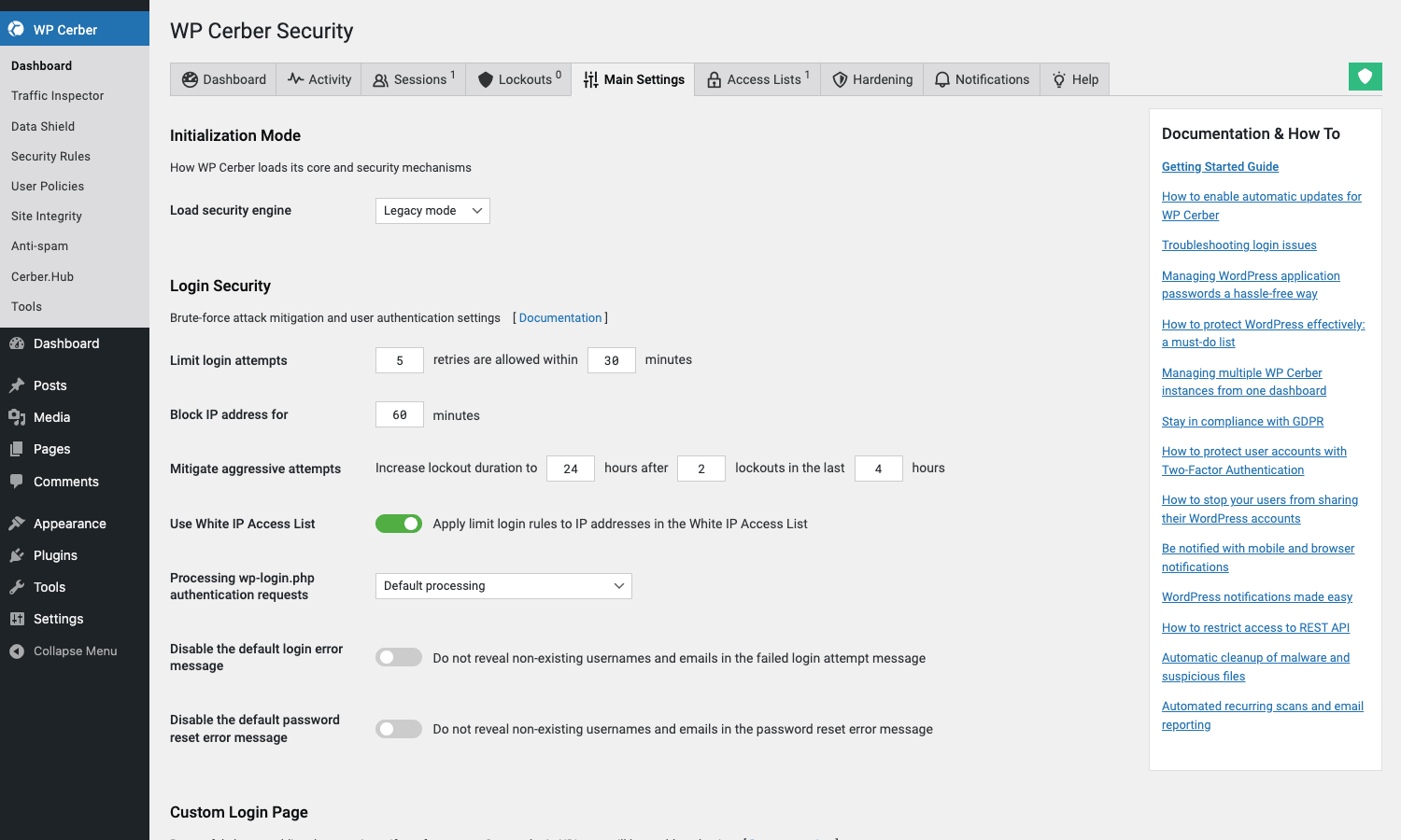 WP Cerber Main Settings WP Cerber Main Settings panel showing initialization mode, login security limits, and IP access list controls