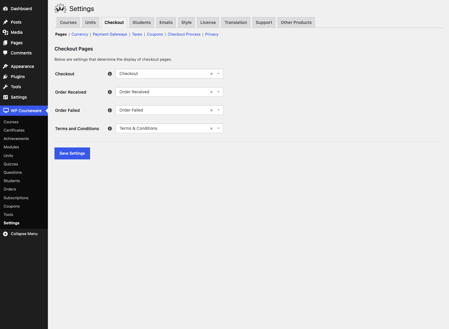 WP Courseware checkout settings WP Courseware Checkout settings with sub-tabs for Pages, Currency, Payment Gateways, Taxes, Coupons