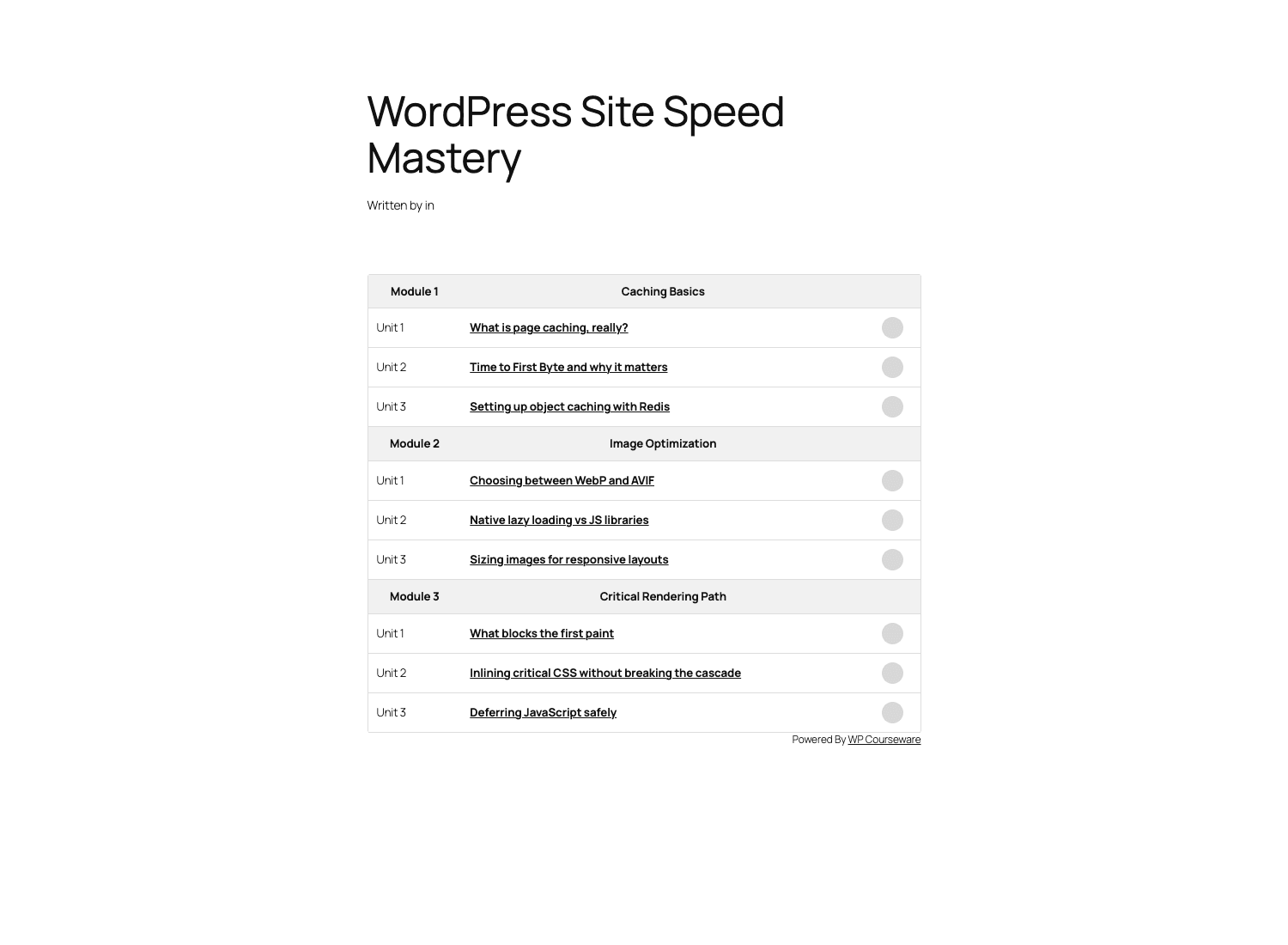 WP Courseware front-end course outline WP Courseware front-end course outline page rendered with three modules and nine units