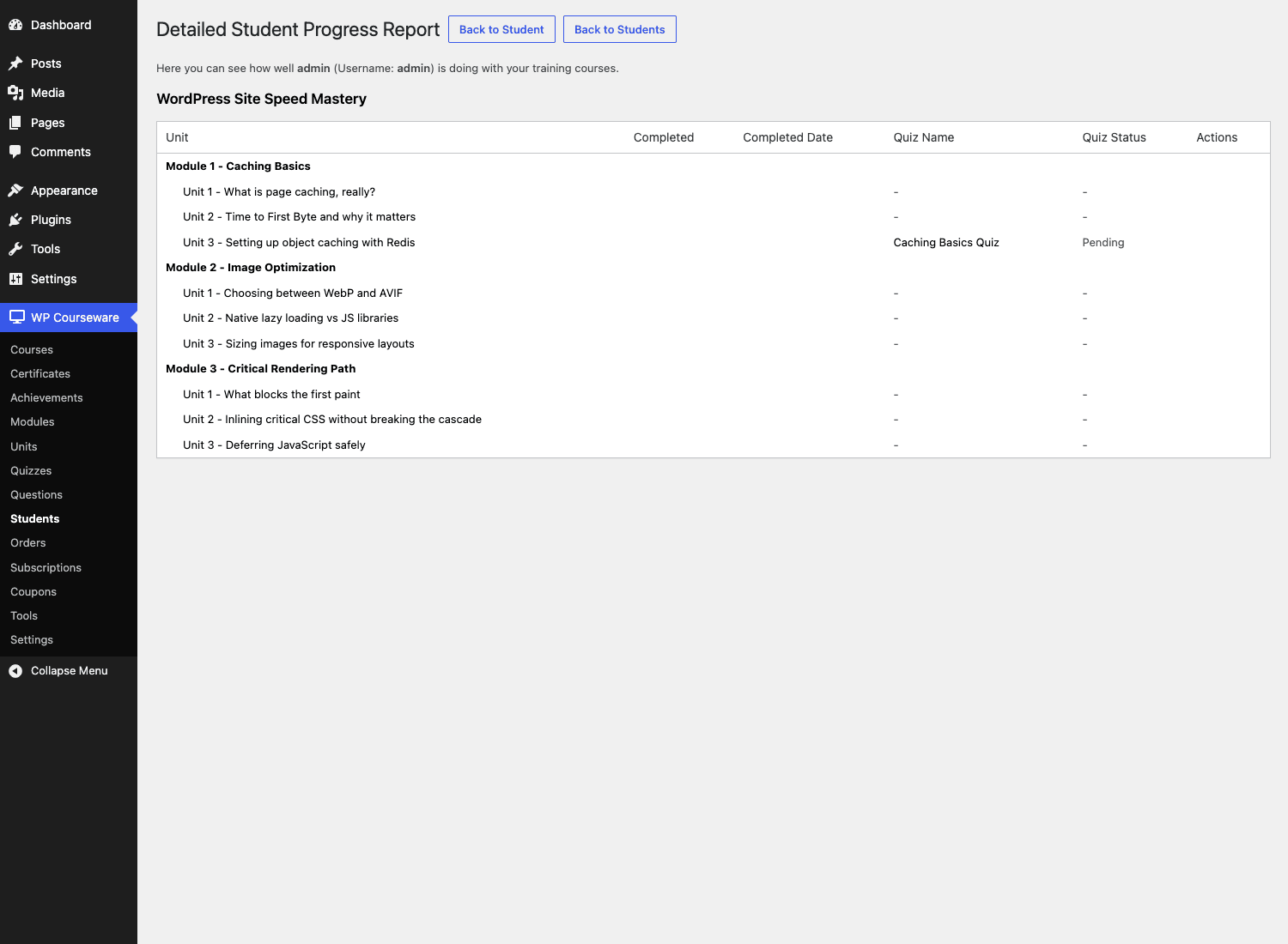 WP Courseware student progress report WP Courseware detailed student progress with all modules, units, and quiz status