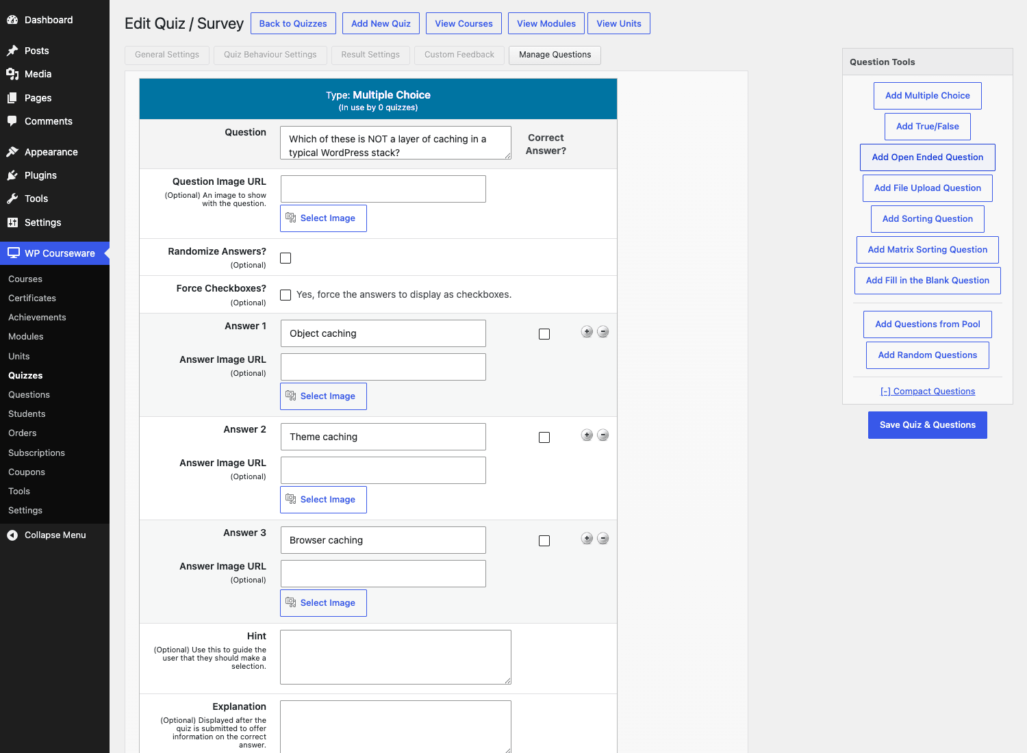 WP Courseware quiz builder WP Courseware quiz builder with a multi-choice question, answer fields, and the Question Tools sidebar