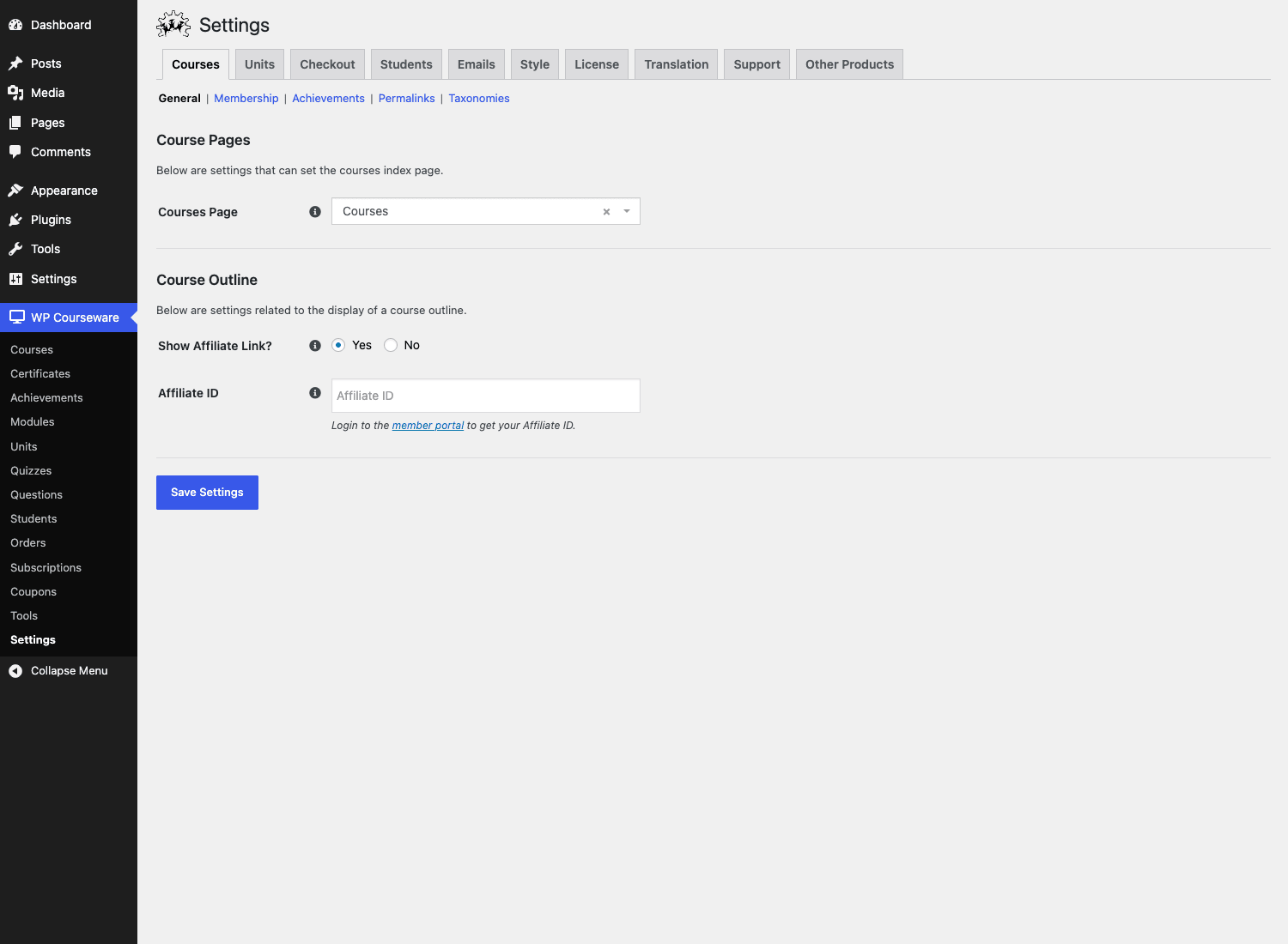 WP Courseware Settings page WP Courseware Settings tabs: Courses, Units, Checkout, Students, Emails, Style, License, Translation, Support
