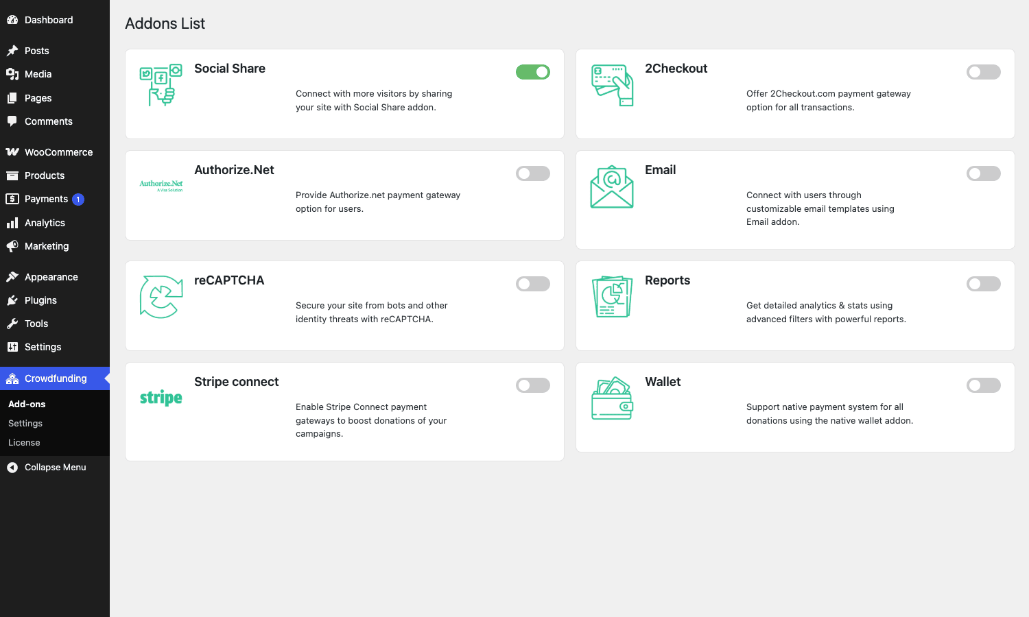 WP Crowdfunding Pro Add-ons screen WP Crowdfunding admin Add-ons screen showing the bundled Pro addons including Stripe Connect Wallet Reports and email