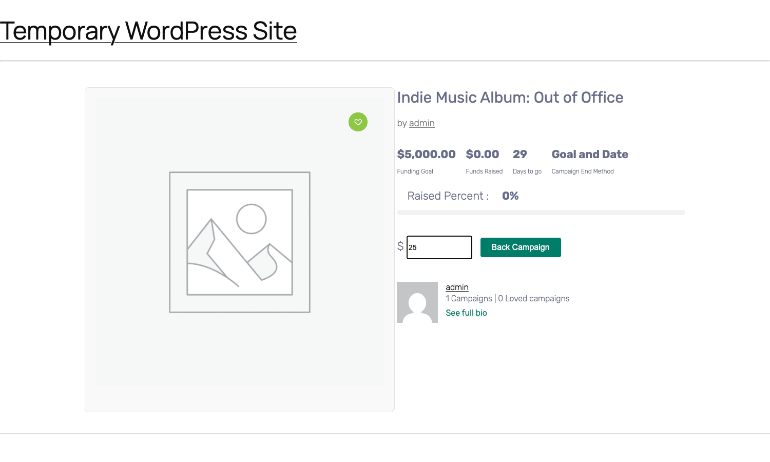 WP Crowdfunding front-end campaign page WP Crowdfunding front-end campaign page rendering the funding goal funds raised days to go progress bar and back-campaign pledge form