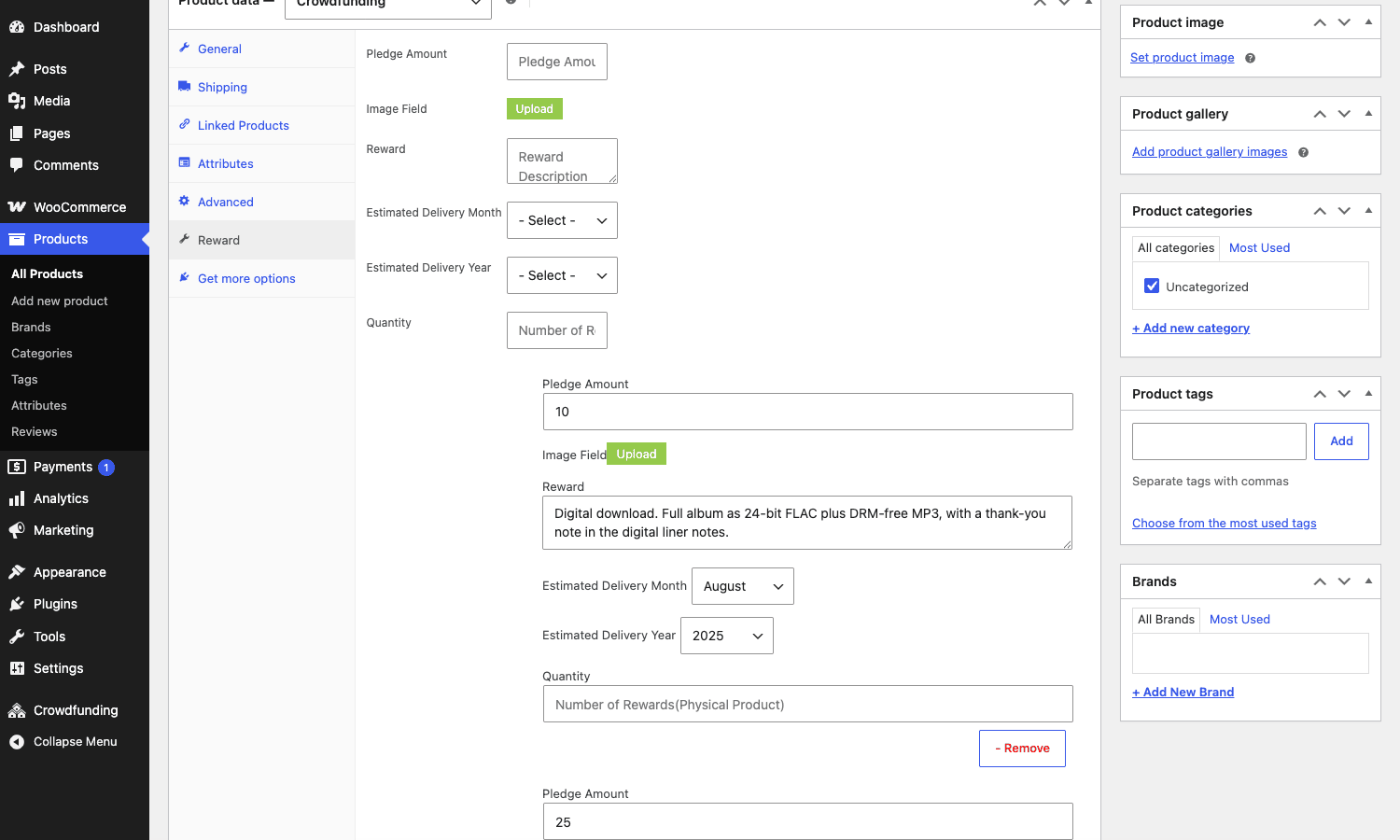 WP Crowdfunding reward tier editor WP Crowdfunding reward tier editor showing four tiers with prices descriptions delivery dates and quantity limits configured