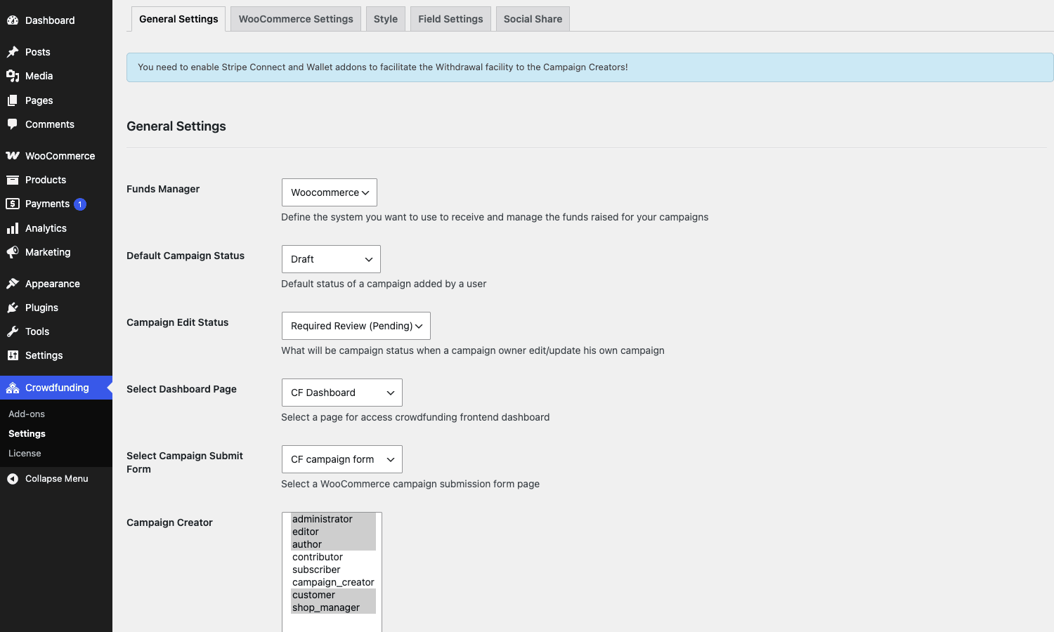 WP Crowdfunding settings panel WP Crowdfunding settings page showing General Tab with campaign options including end-method dropdown and currency display preferences