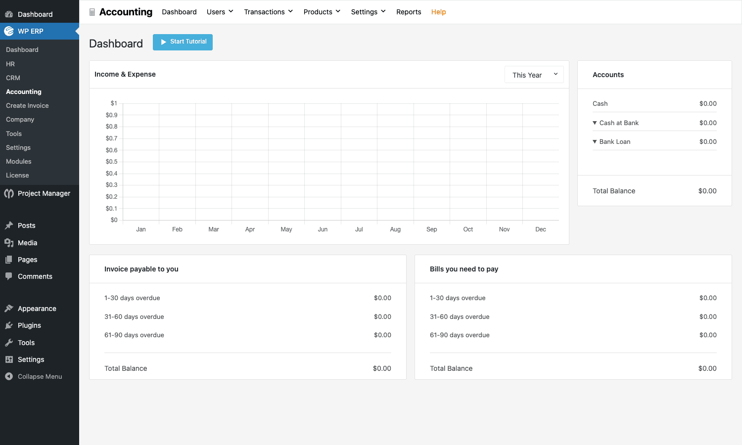 Accounting dashboard with income/expense chart WP ERP Accounting Dashboard with Income Expense chart, Accounts widget, Invoice payable and Bills payable widgets