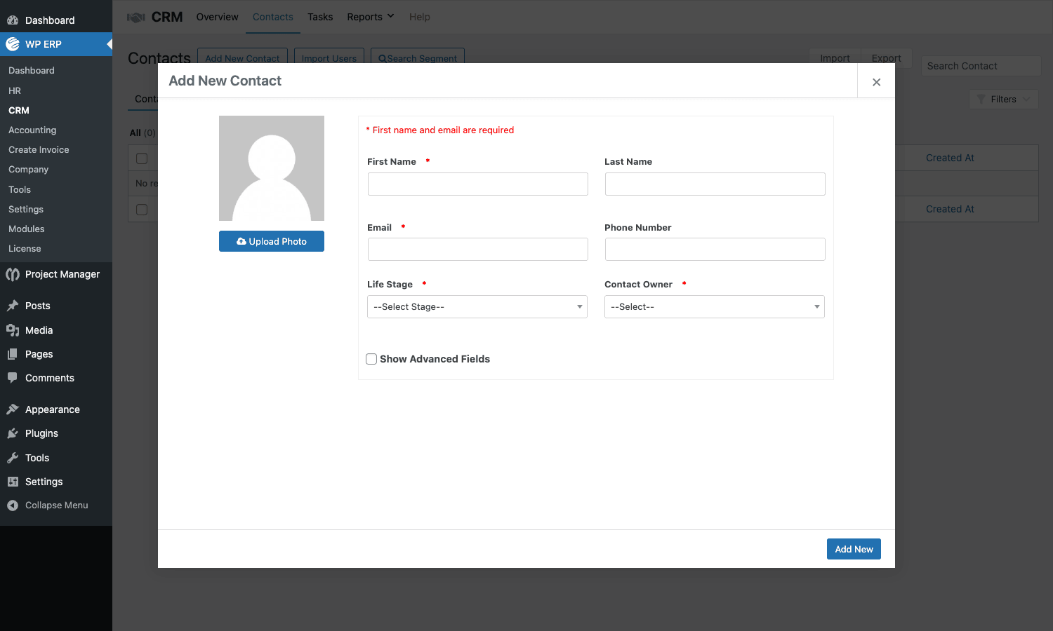 Add contact modal with Life Stage and Owner WP ERP CRM Add New Contact modal with First Name, Last Name, Email, Phone, Life Stage, Contact Owner fields