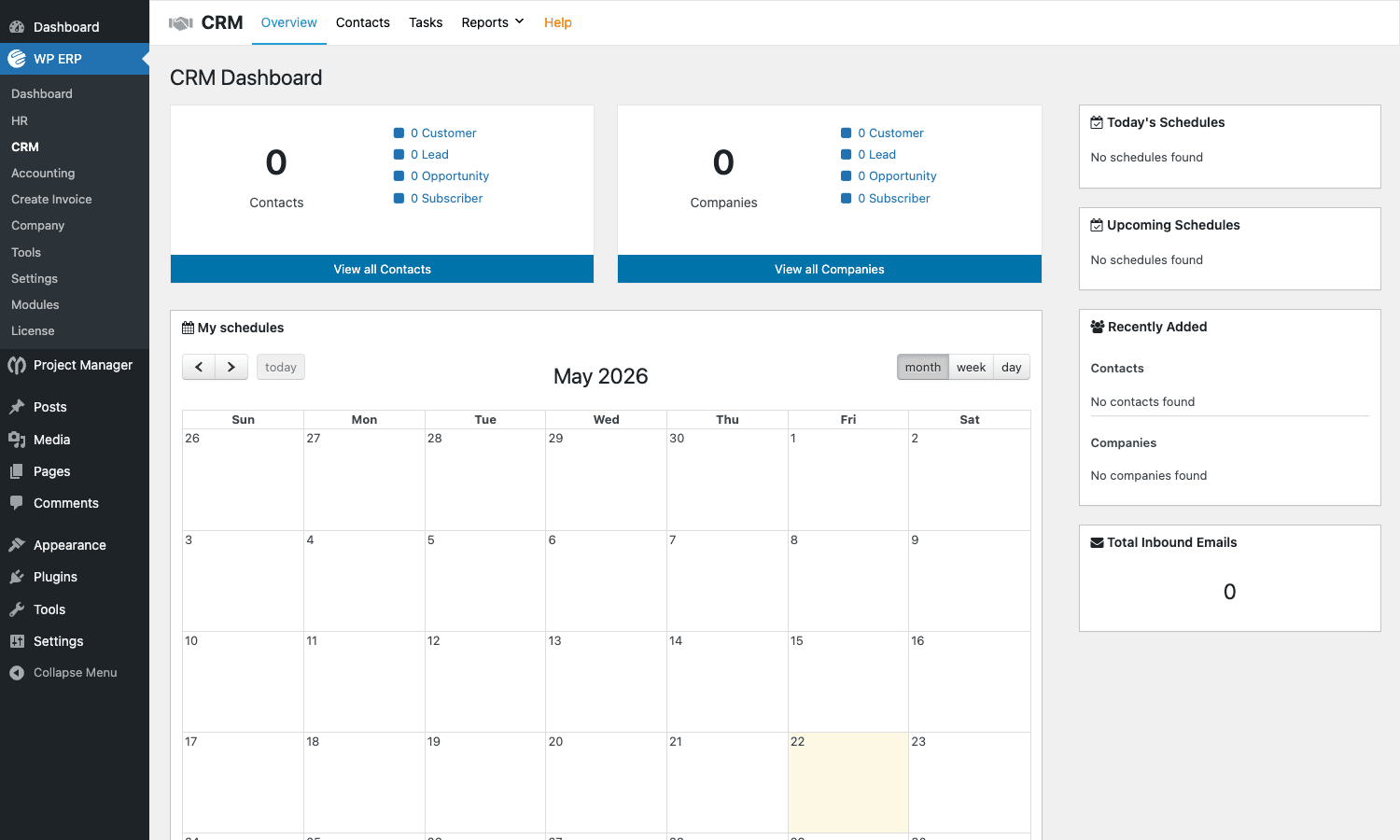 CRM dashboard with calendar and schedules WP ERP CRM Dashboard with contact counts, companies counts, scheduled calendar and recent activity widgets