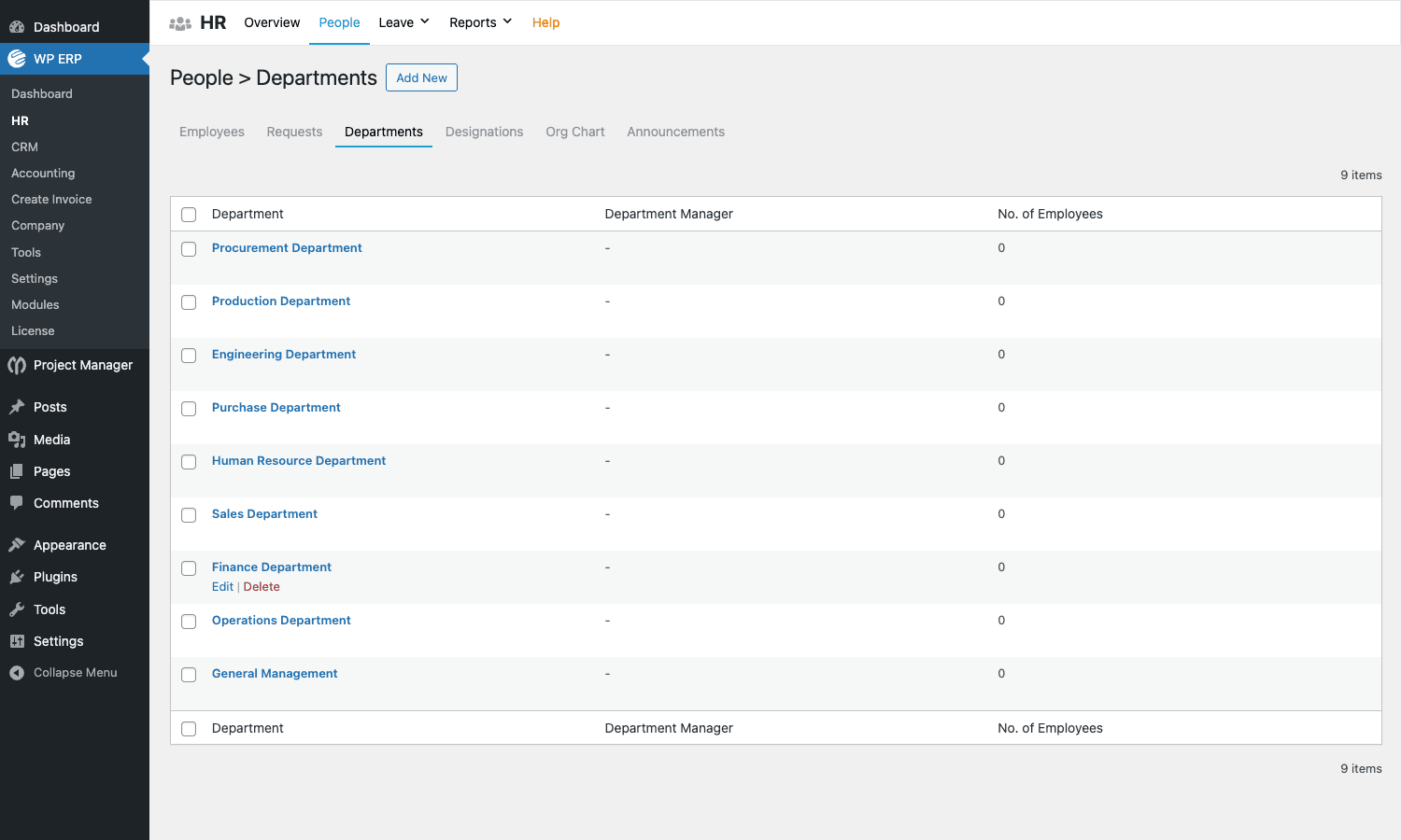 HR departments list with manager assignment WP ERP HR Departments tab listing nine starter departments with manager and headcount columns