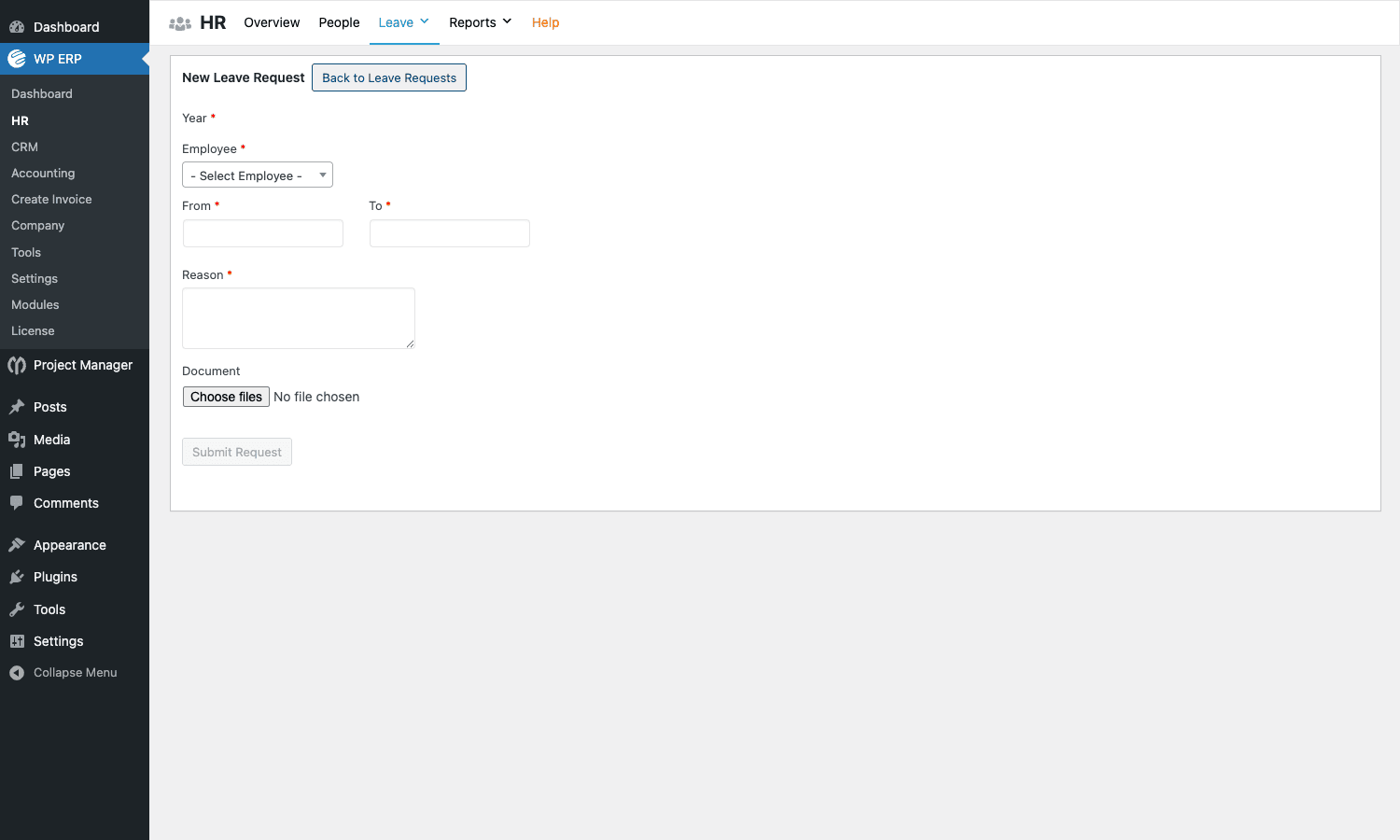 Filing a leave request WP ERP New Leave Request form with Year, Employee, From, To, Reason, and Document fields