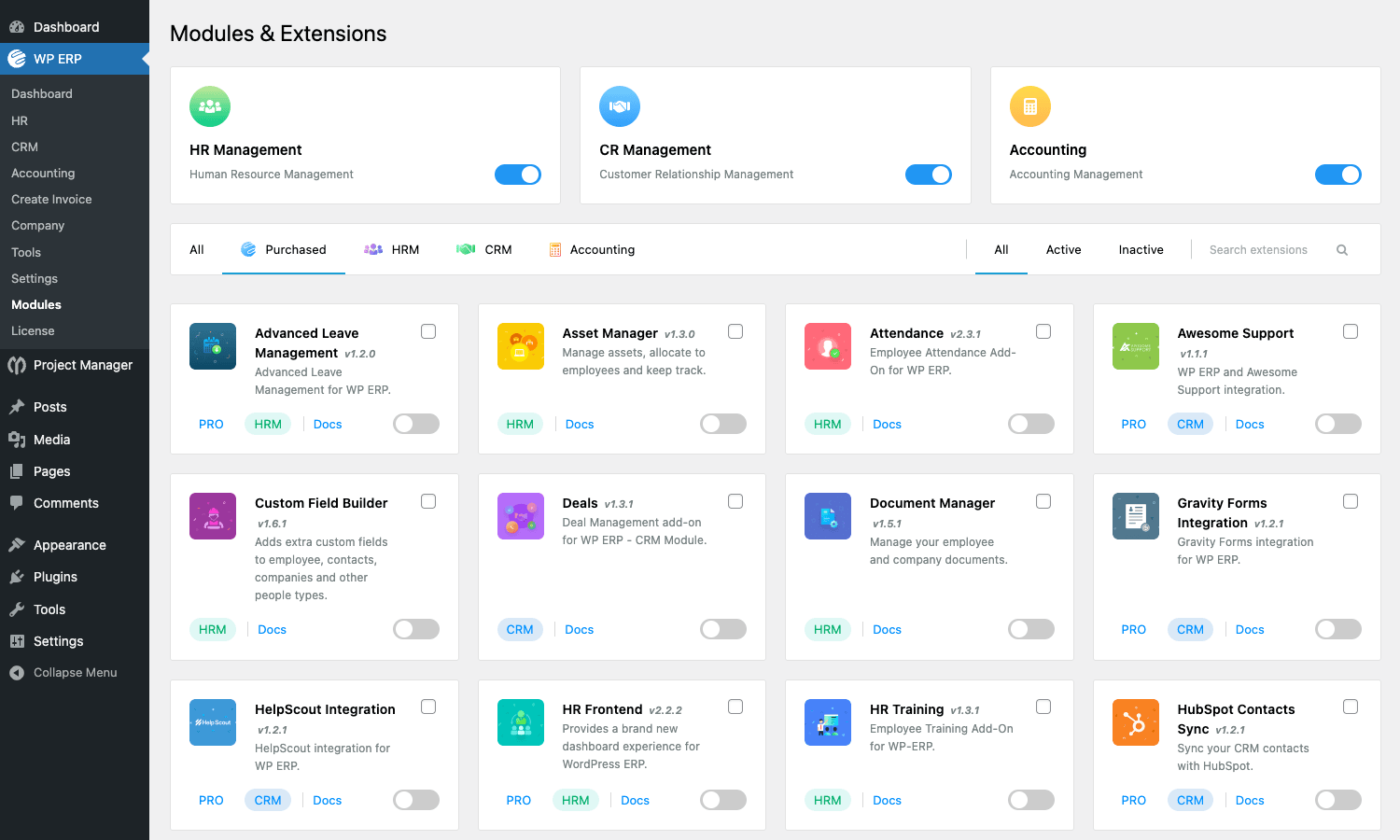 Modules and extensions toggle screen WP ERP Modules and Extensions page showing HR, CRM, Accounting toggles plus pro addon grid
