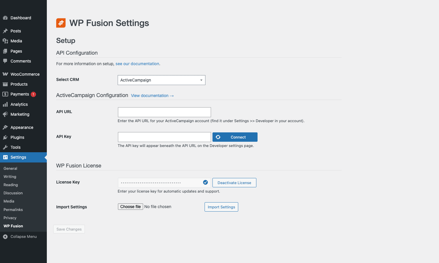 ActiveCampaign auth fields after CRM selection WP Fusion Setup tab with ActiveCampaign selected, showing API URL and API Key fields