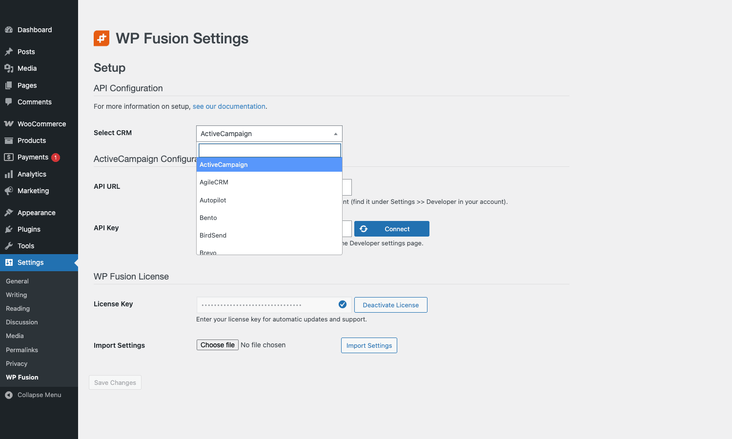 60+ supported CRMs in the WP Fusion dropdown WP Fusion's CRM dropdown open, listing ActiveCampaign, AgileCRM, Autopilot, Bento, BirdSend, Brevo and more