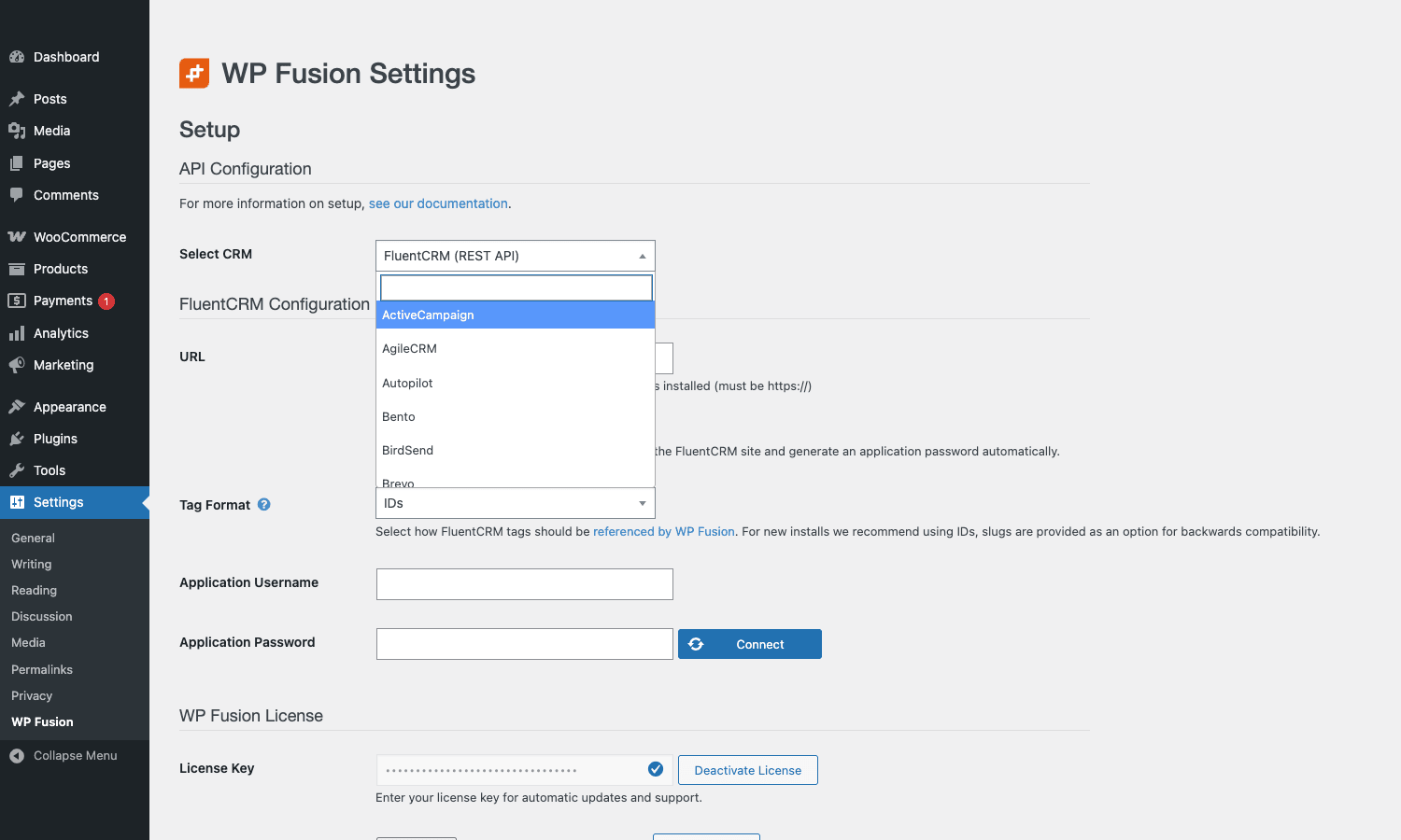 FluentCRM REST API connection fields WP Fusion Setup tab with FluentCRM REST API selected, showing URL, Application Username, and Application Password fields