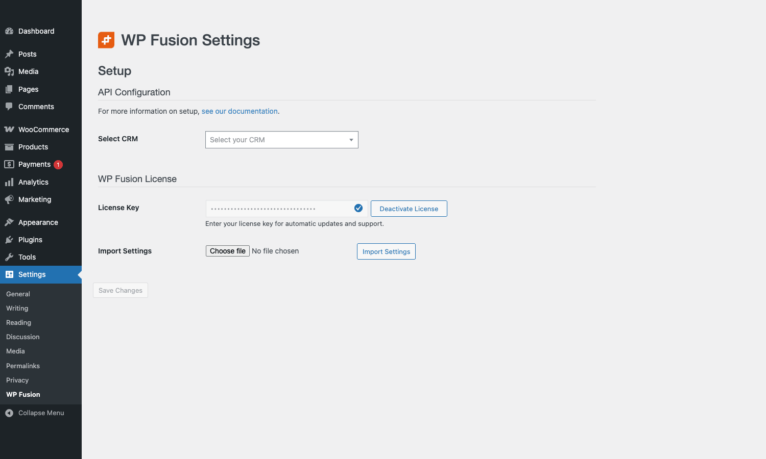 WP Fusion settings, fresh install WP Fusion settings page with the empty CRM selector dropdown waiting for a choice